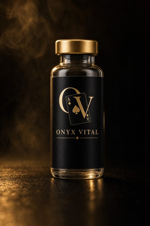 Onyx Vital research peptide vial with gold cap and black label